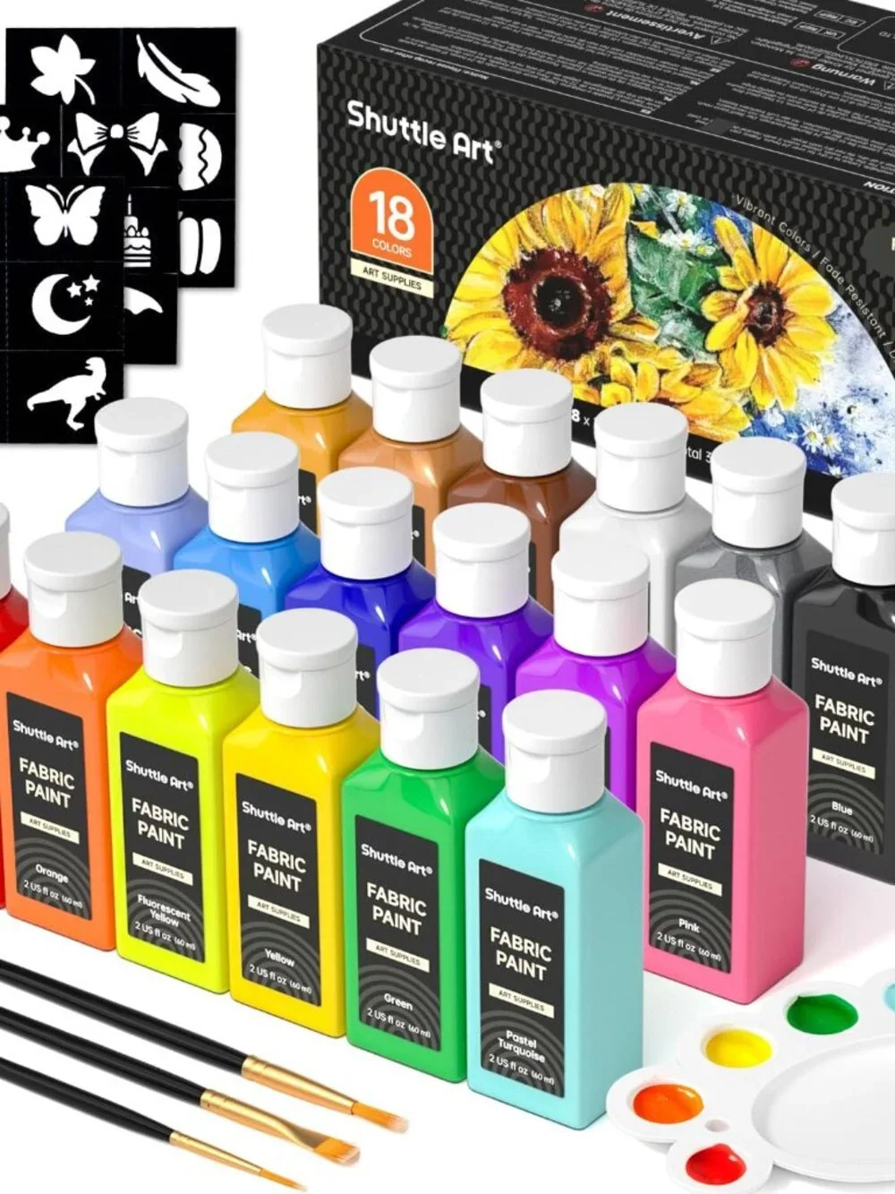 NEW Shuttle Art Fabric Paint 18 Colors Permanent Soft Fabric Paint in Bottles wi
